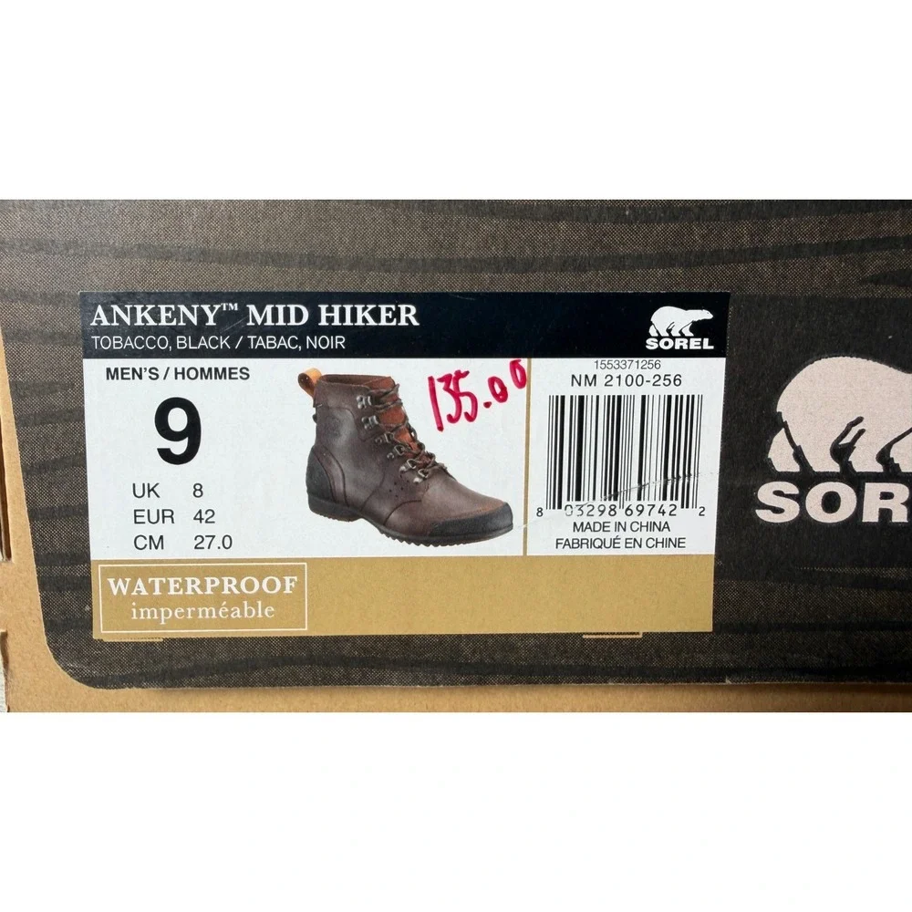 Sorel Ankeny NM2100-256 Mens 9 Waterproof Leather Mid Hiker Ankle Boots Brown